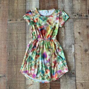 Lularoe Girls Floral Tie-Dye Dress Size 6 Elastic Waist Short Sleeve Knee Length